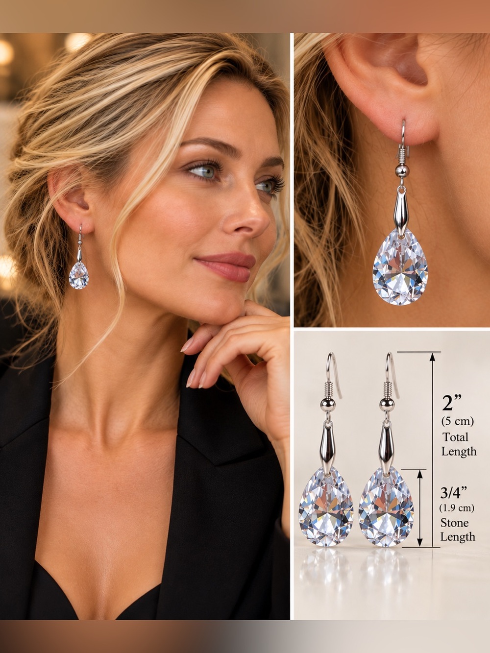 Classic Teardrop Austrian Crystal Dangle Earrings - Silver Tone